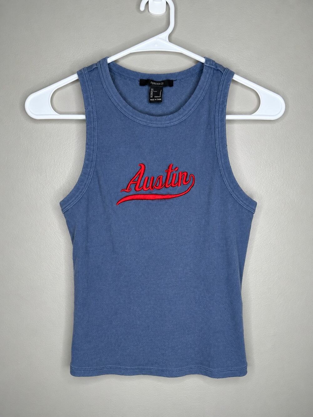 Forever 21 Austin Embroidered Ribbed Tank Top Blue Red Graphic Y2K